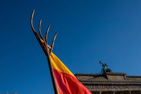 Germany, Berlin, 08.01.2024, Protest by farmers in front of the Brandenburg Gate, fork, fork,