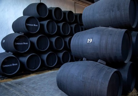 Oak barrels of maturing sherry wine cellar, Gonzalez Byass bodega, Jerez de la Frontera, Cadiz