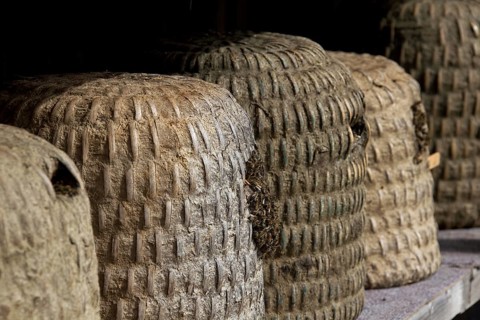 Bee hives, beehives, skeps in rustic shelter of apiary in the Lueneburg Heath, Lunenburg Heath,