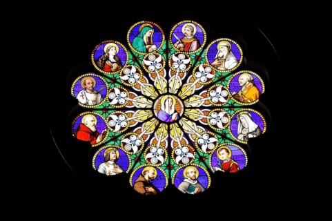Coloured stained glass window, rose window, church window, Basilica of Santa Maria sopra Minerva,