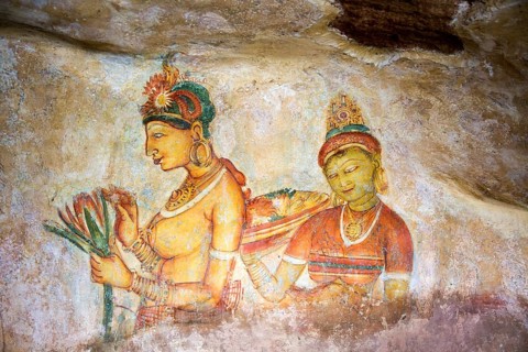 Rock painting frescoes of maidens in the palace fortress, Sigiriya, Central Province, Sri Lanka,