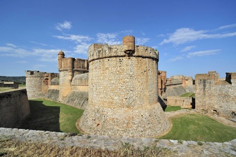 Moat and ramparts of the Catalan fortress Fort de Salses at Salses-le-Chateau, Pyrenees, France,