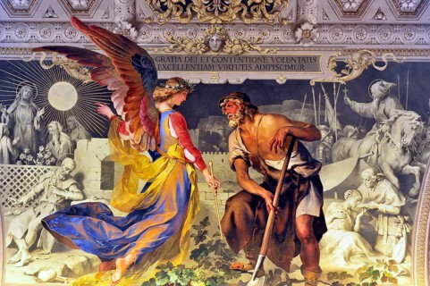 Ceiling painting with angel and peasant, Vatican Museums, Vatican City, Vatican, Rome, Lazio,