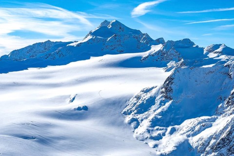 View from the Mutkogel mountain station of the Tiefenbach glacier to the Wildspitze, Austria's