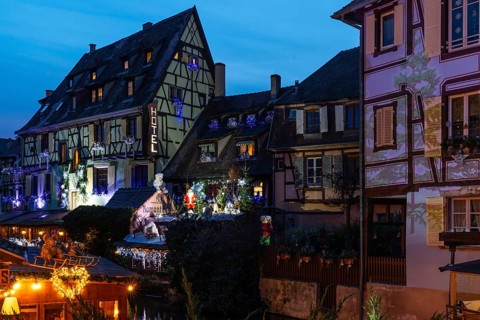 Historic houses with Quai de Poissonnerie, Little Venice, Petite Venise, Christmas decorations,