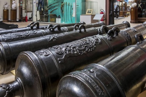 Collection of old 18th and 19th century muzzleloading black powder cannon barrels at the Royal