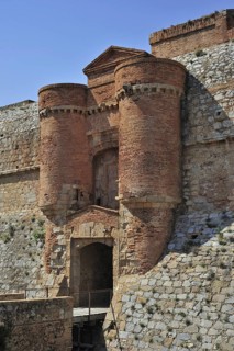 Entrance gate of the Catalan fortress Fort de Salses at Salses-le-Chateau, Pyrenees, France, Europe