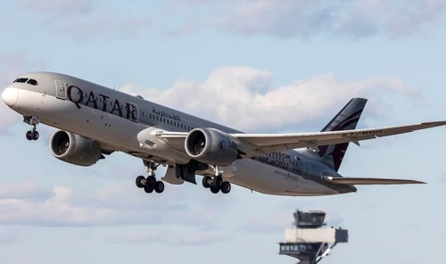 A Boeing 787-9 Dreamliner operated by Qatar Airways takes off from BER Berlin Brandenburg Airport