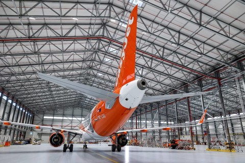 An easyJet Airbus A320 neo stands in the newly opened easyJet maintenance hangar. The entire