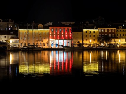 Museum of Apoxyomenos, harbour of Mali Losinj, night shot, island of Losinj, Kvarner Gulf Bay,