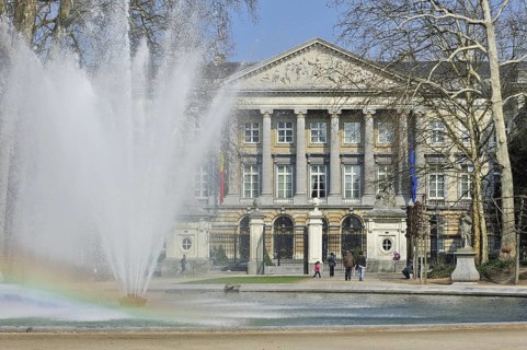 Fountain at the Brussels Park, Parc de Bruxelles, Warandepark and the Belgian Federal Parliament,