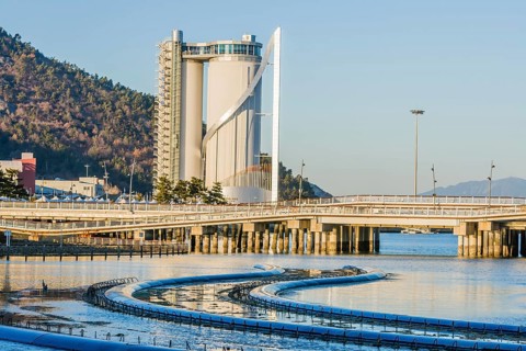 Yeoso, South Korea: December 25, 2017: Sky Tower (written in Korean letters) located in Yeosu,