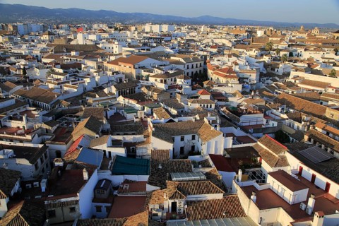 Oblique raised angle view of historic city centre buildings, Cordoba, Spain, Europe