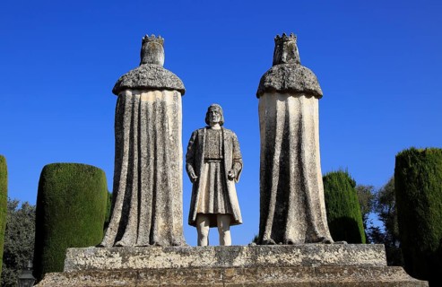 Columbus, King Ferdando and Queen Isabel statues in garden of Alcazar, Cordoba, Spain, Alcazar de