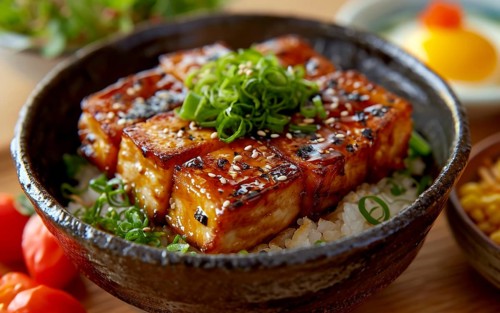 A bowl of rice topped with grilled eel, sprinkled with sesame seeds and scallions, AI generated