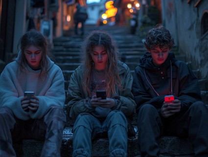 Several young people look bored at their cell phones, neglect social contacts, sport, reading, AI