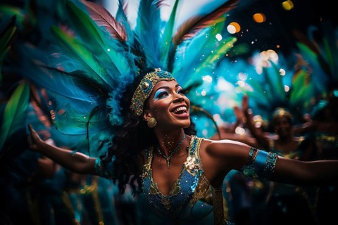 Captivating image capturing the essence of the Rio Carnival, showcasing a dancer adorned in an