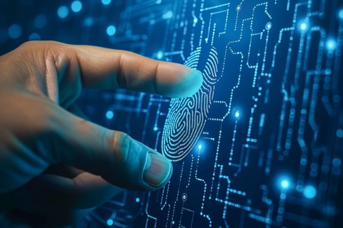 A finger touches a digital fingerprint sensor embedded in a circuit, biometric authentication,