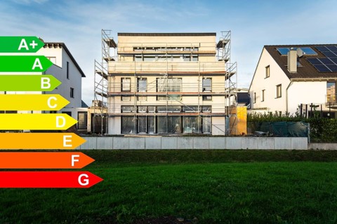 New construction of a single-family house, graphic with energy efficiency classes for buildings