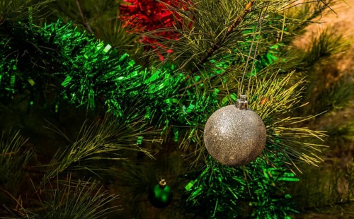 Silver textured Christmas ornament and green tensile garland hanging on pine tree in local park in