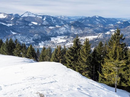 Winter atmosphere, snowy landscape, view from the Schafbergalm to the Mondsee, near St. Wolfgang am