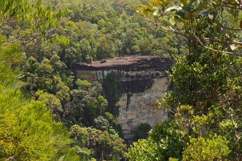 Cliff in Bako national park, sunny day, blue sky and sea. Vacation, travel, tropics concept, no