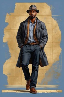 Portrait of american african 40s year old man cat walk pose wear jeans jacket and plain shirt ai