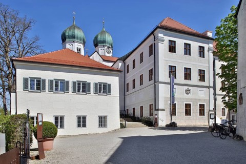 Seeon Monastery, restaurant, guest house and onion domes of St Lambert's Monastery Church, dream