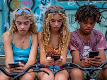 Several young people look bored at their cell phones, neglect social contacts, sport, reading, AI