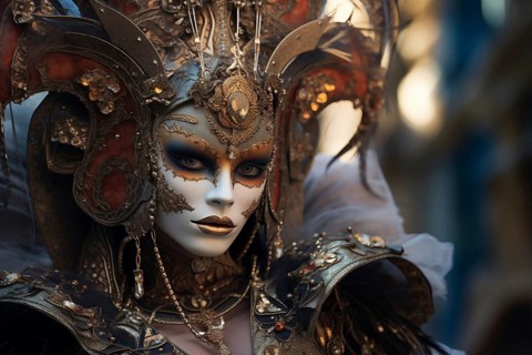 A person adorned in a richly detailed and colorful carnival costume, complete with an elaborate