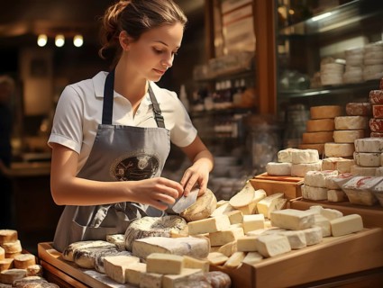 Young woman shopping in supermarket, at the cheese counter, meat counter, fruit stand, bakery, fish