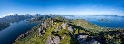 Panorama, view of Raftsund fjord and mountains, archipelago islands in the sea, view from the