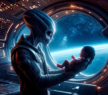Science fiction, space travel, an extraterrestrial alien looks at a human baby in a UFO, a flying