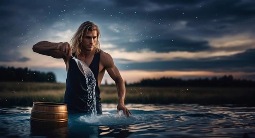 Young man Aquarius according to the zodiac sign with blond hair and blue eyes against the