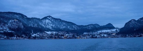 View over the Wolfgangsee, in the background St. Gilgen am Wolfgangsee, blue hour, panoramic shot,