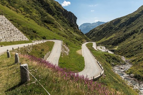 Gotthard Pass, view of the old pass road in Val Tremola, alpine mountain road with numerous hairpin