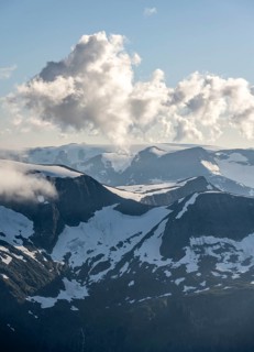 Mountain peak with Jostedalsbreen glacier, view from the summit of Skala, Loen, Norway, Europe