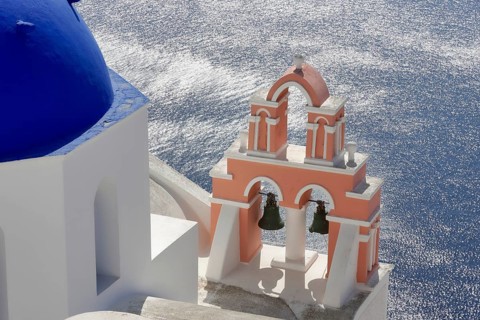 Santorini, Oia, blue domes, churches Agios Spyridon Agios Anastasis from above, Cyclades, Greece,