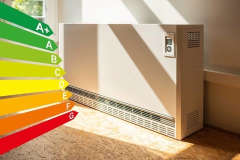 Night storage heating in a flat, diagram with energy efficiency classes for buildings according to