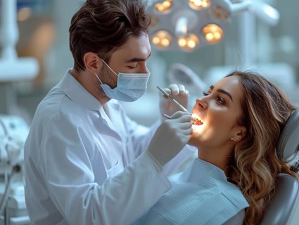A patient is treated in a dental practice by a dentist, AI generated
