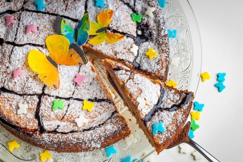 Succulent cake with butterfly decoration and colourful sprinkles on a glass plate, white base