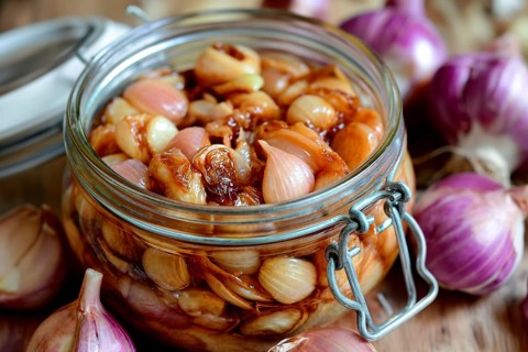 A glass jar with pickled garlic and shallots stands on a wooden table, KI generated, AI generated