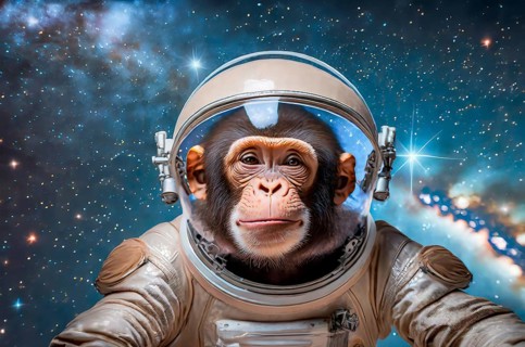 Science fiction, space travel, a chimpanzee in a spacesuit floating in space in front of a starry