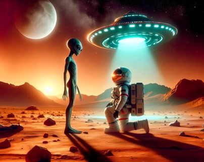 Science fiction, space travel, encounter of an extraterrestrial alien with a human on a foreign
