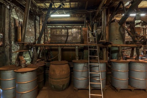 Bronze powder production room with filling plant in a metal powder mill, founded around 1900,