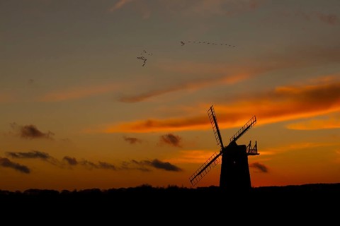 Windmill silhouetted at sunset with a red sky and clouds and a skein or flock of Pink-footed geese