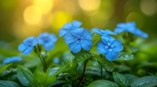 Tranquil scene with Ceratostigma willmottianum Forest Blue flowers and green leaves against a