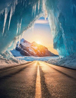 Straight asphalt road leads out of a glacier cave with huge ice crystal cliffs. Beautiful natural
