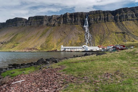Baejararfoss waterfall, abandoned Djupavik herring factory, Reykjarfjoerour, Strandir, Arnes,