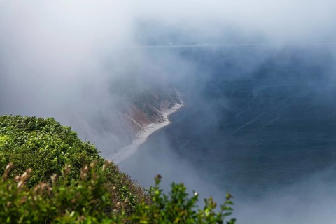 Coastal seascape in fog, Gulf of Saint Lawrence, Province of Quebec, Canada, sea, water, blue,